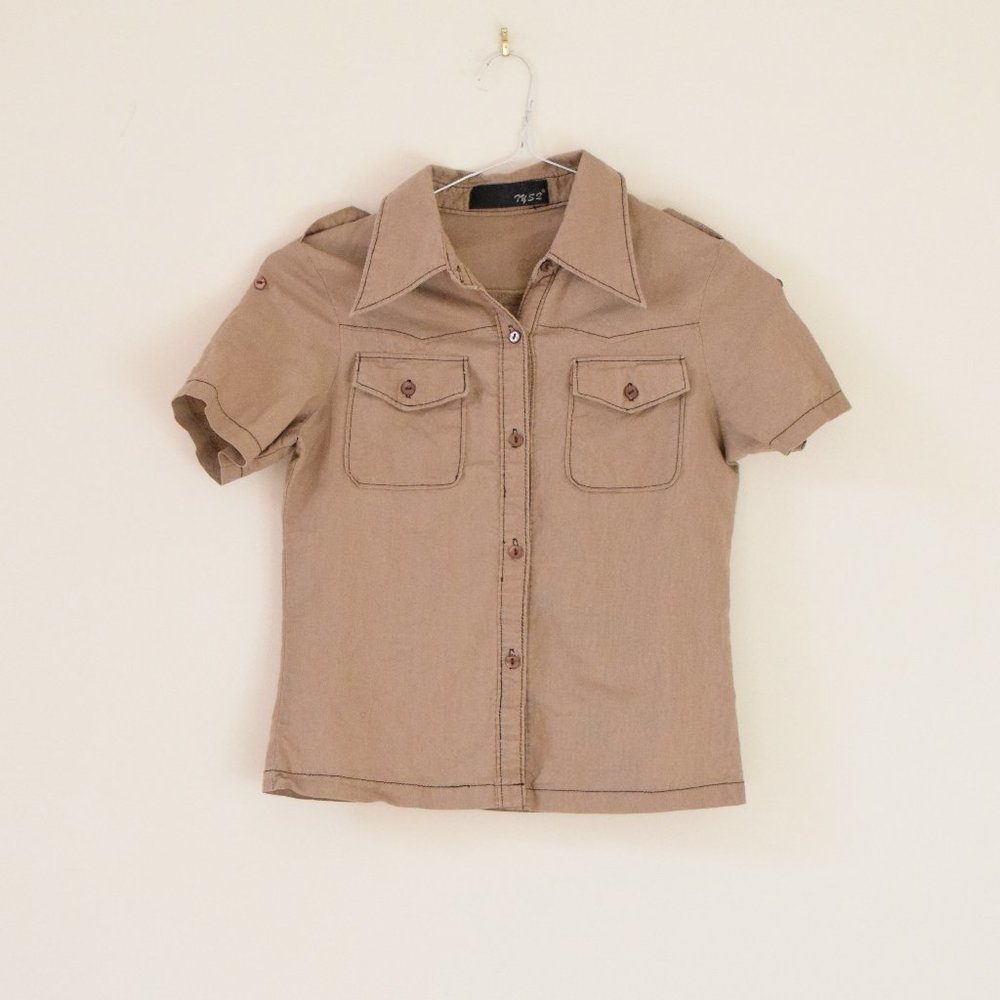TYS2 Vintage Khaki Cropped Short Sleeve Collared Utility Cargo Shirt | Size XS